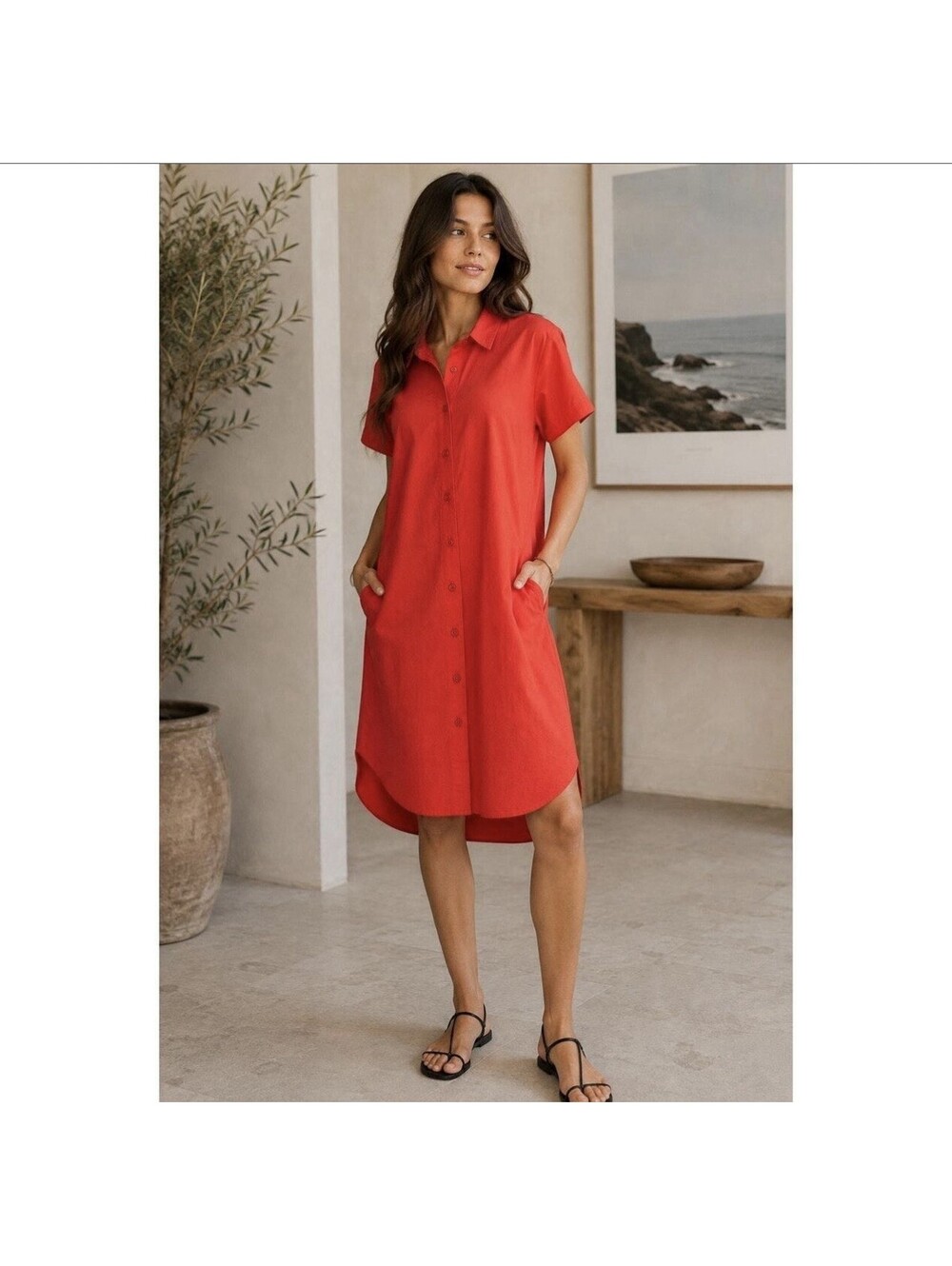 EILEEN FISHER Organic Cotton Poplin Shirtdress in Geranium Red Petite Small S